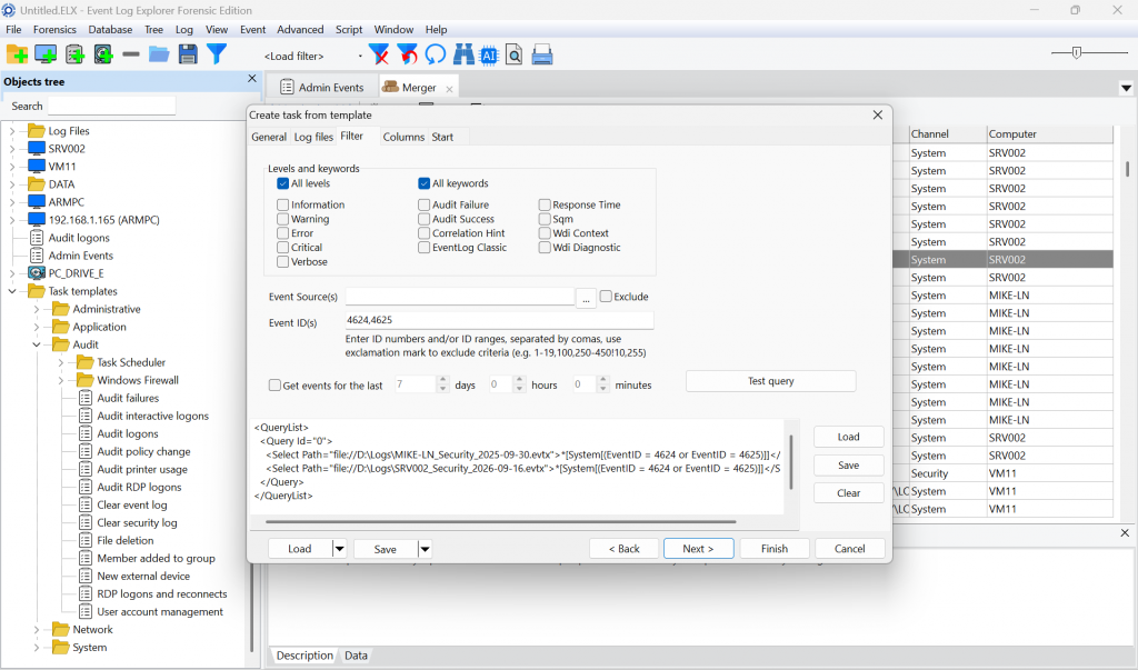 A reusable Task created from the Audit RDP logons template for EVTX files from two computers