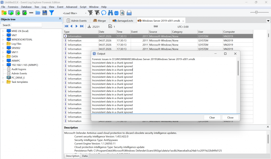 Deep Scan results from a damaged VMware VMDK image, including recovered events and skipped inconsistent data