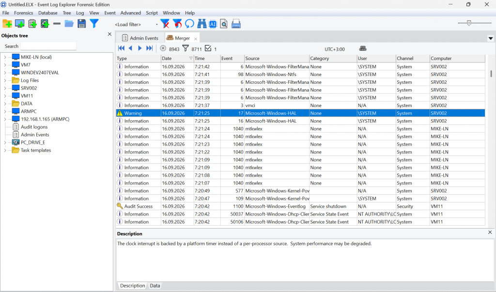 Events from different computers and channels merged into one chronological view in Event Log Explorer.