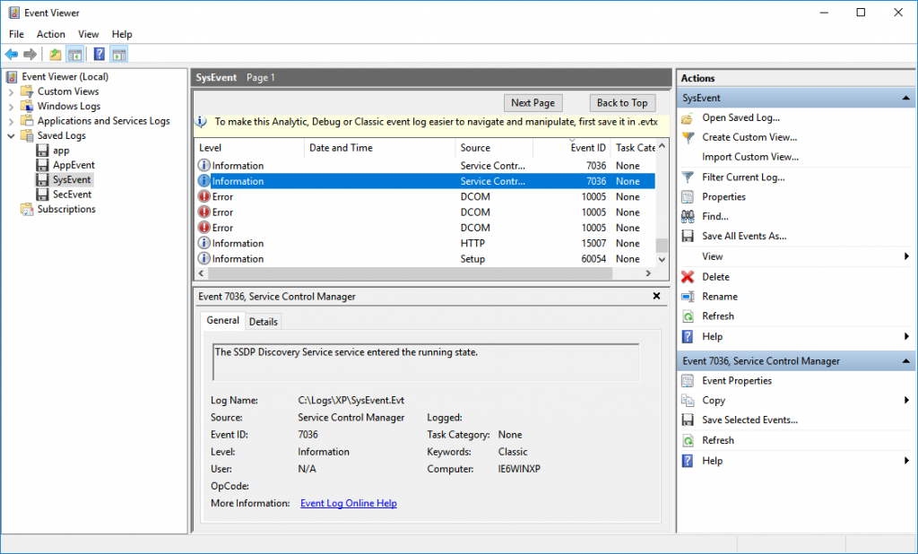 Windows Event Viewer doesn't display date time of classic legacy logs.